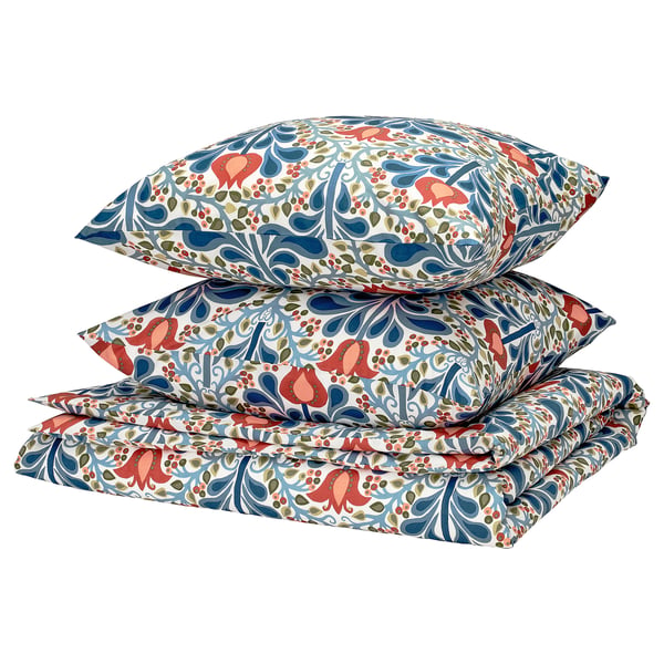 SÄTERVIDE duvet set with recycled cotton and lyocell. Blue and coral floral design, rectangle shape.