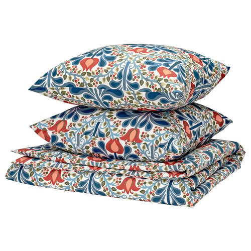 SÄTERVIDE duvet set with recycled cotton and lyocell. Blue and coral floral design, rectangle shape.