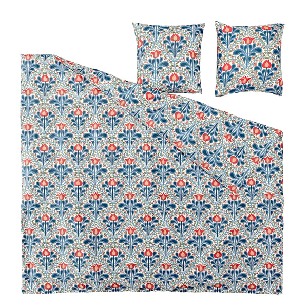 SÄTERVIDE duvet set in blue-pink floral. Intricate design, rectangular with zip, made from 50% recycled cotton, 50% lyocell.