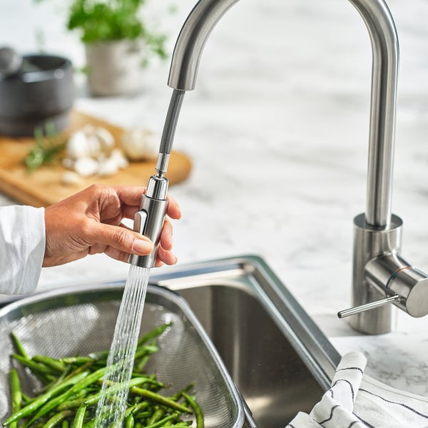 SALLSJÖN Kitchen mixer tap pull out w spray, stainless steel colour