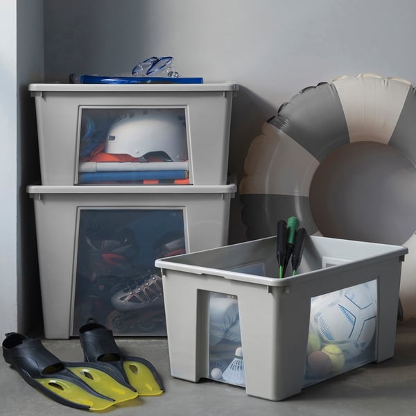 SAMLA Box with lid, transparent/light grey, 57x39x28 cm/45 l