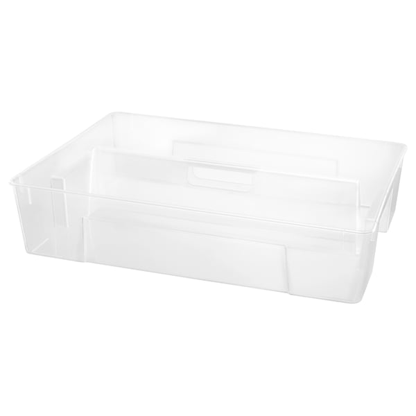 A clear plastic storage box named SAMLA, with two compartments and a handle for easy carrying.
