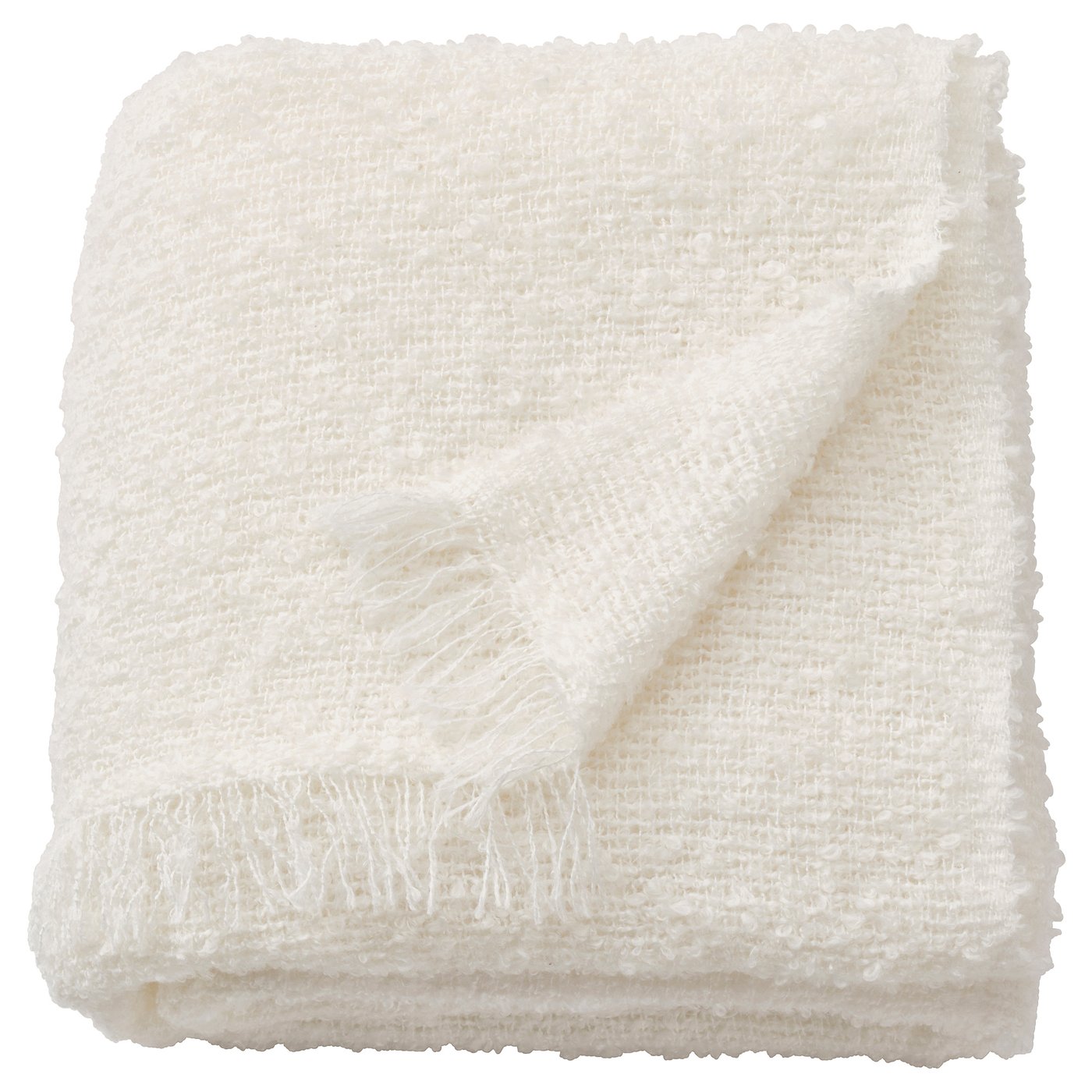 White SANDBRODD blanket, soft, textured, folded, fringed.