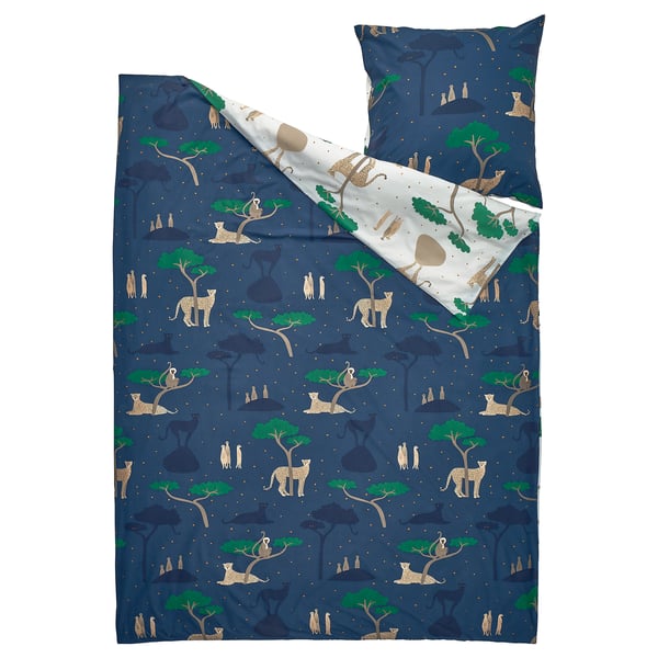 SANDLÖPARE duvet set, blue with cheetahs, green trees, humans. Cotton-viscose blend. Day/night motif. Includes duvet cover and pillowcase.