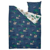 SANDLÖPARE duvet set, blue with cheetahs, green trees, humans. Cotton-viscose blend. Day/night motif. Includes duvet cover and pillowcase.