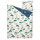 Cheetah-themed kids bedding set. White with green trees, brown rocks, and cheetahs. Includes duvet and pillowcases. Blue reverse side.