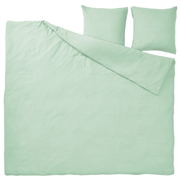 SCHERSMIN pale green duvet set, organic cotton with wavy texture, includes duvet cover and two pillowcases.