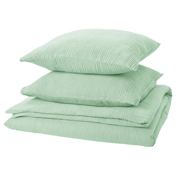 SCHERSMIN green cotton duvet & pillow set, soft wavy texture.