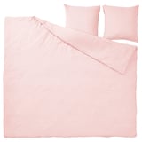 A light pink SCHERSMIN bedding set featuring a duvet cover and two pillowcases, crafted from soft organic cotton with a textured design.