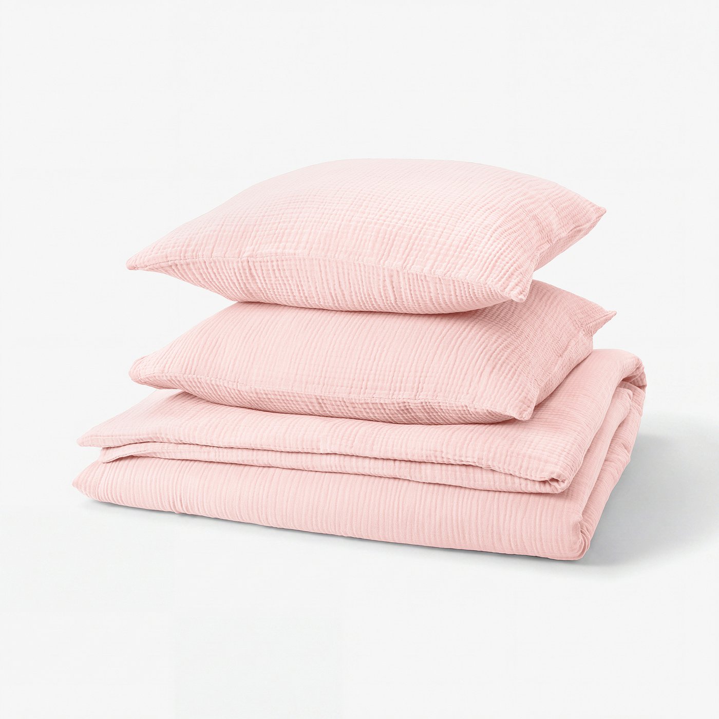 Displays a pink SCHERSMIN bedding set, featuring a duvet cover and two pillowcases in soft organic cotton with a textured, wavy design.