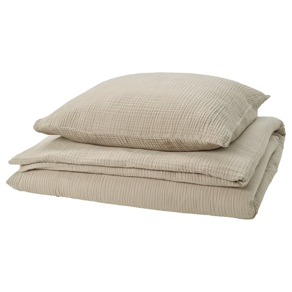 SCHERSMIN bedding set, cream, organic cotton, textured, pillows & blanket.