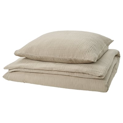 SCHERSMIN bedding set, cream, organic cotton, textured, pillows & blanket.