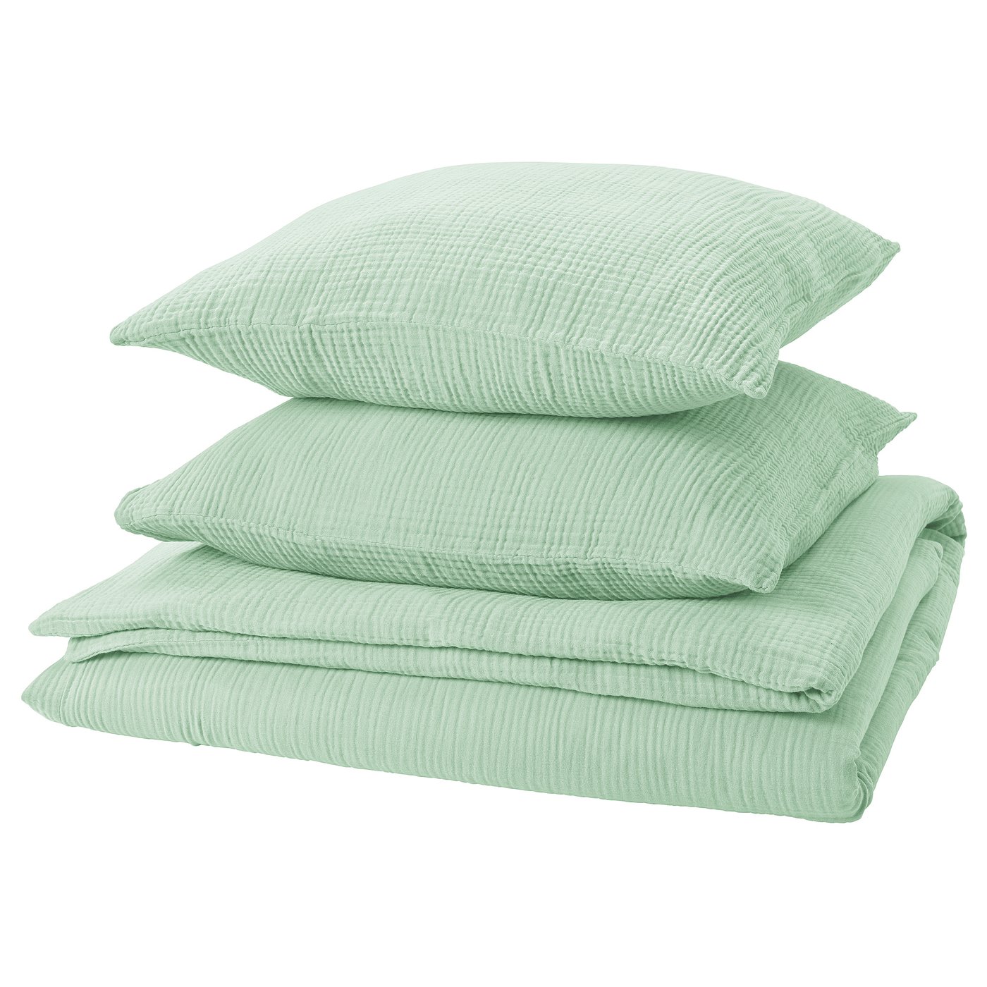 SCHERSMIN green organic cotton bedding set with wavy texture, featuring duvet cover and pillowcases.
