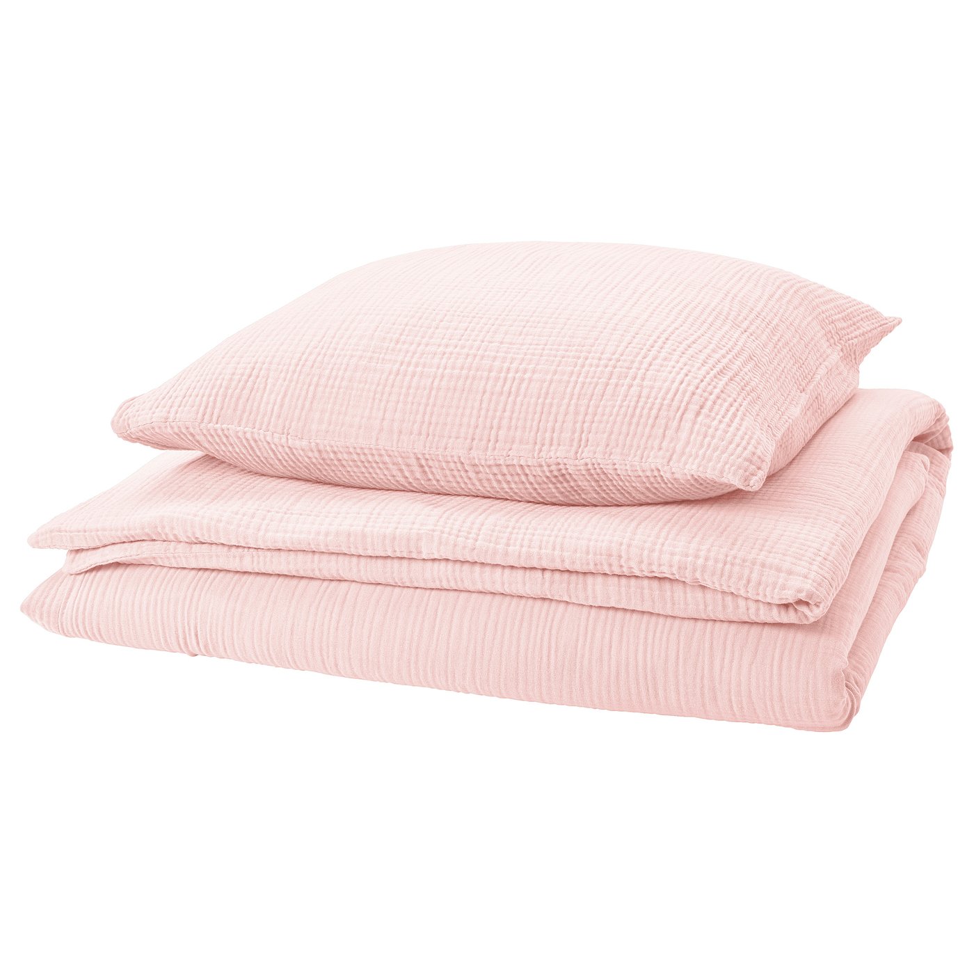 Light pink SCHERSMIN duvet & pillow set, soft organic cotton muslin, wavy texture.
