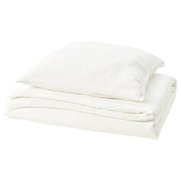 SCHERSMIN white organic cotton duvet set, textured with wavy design.