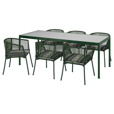 Modern outdoor dining set: green metal table and 6 matching chairs with woven seats.