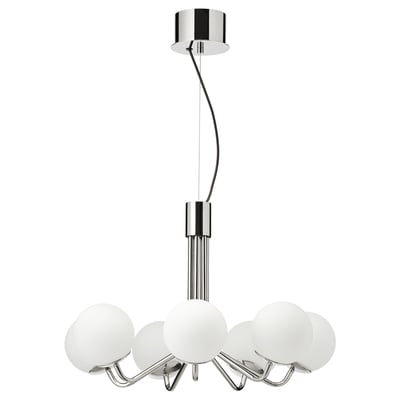 SIMRISHAMN chandelier; modern, white globe lights, chrome finish; round shape, elegant design.