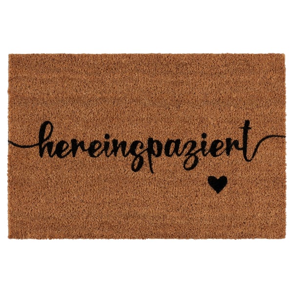 Brown coconut doormat with black cursive hereingpaziert text and heart.