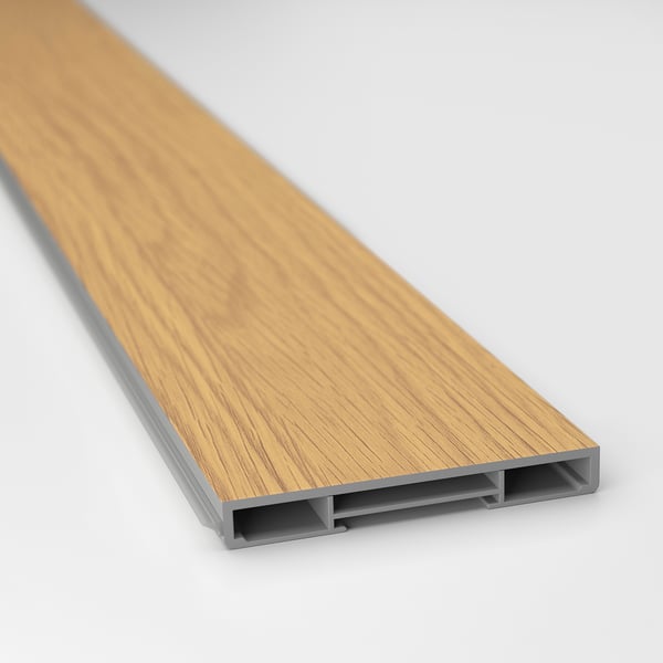 Wooden finish plastic plinth with sturdy attachment clips for kitchen cabinet base.