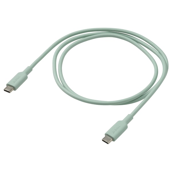 Mint green usb-c cable, flexible tpe material, coiled shape.
