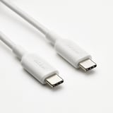 White usb-c cable, both ends visible, showcasing durable, flexible design. Brand ikea on connectors.