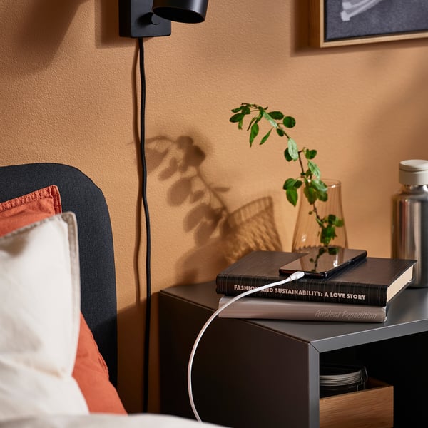 Bedside scene with books, plant, and charging cable.