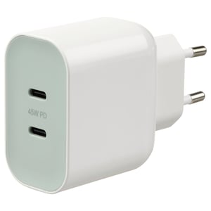 White SJÖSS 45w usb-c charger, plastic, compact, dual port, wall plug.