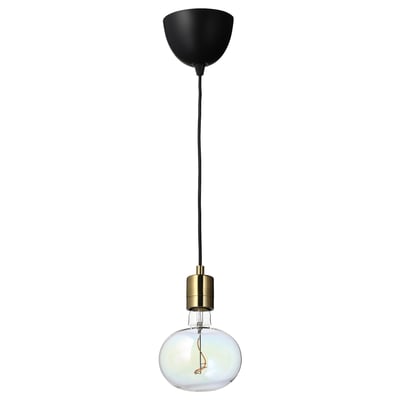 Modern pendant lamp with brass socket, multicolored led bulb, and soap bubble effect.