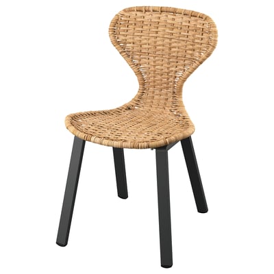 SKÅLSTA chair, beige woven rattan seat and back, black metal legs, curved design.