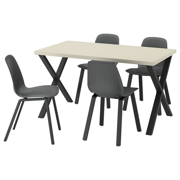 SKÅLSTA Table and 4 chairs, light grey-beige X-shaped black-grey/plastic black profiled metal/black-grey, 140x80 cm