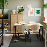 SKÅLSTA Table and 4 chairs, oak effect straight black-grey/oak veneer tubular metal/black-grey, 140x80 cm