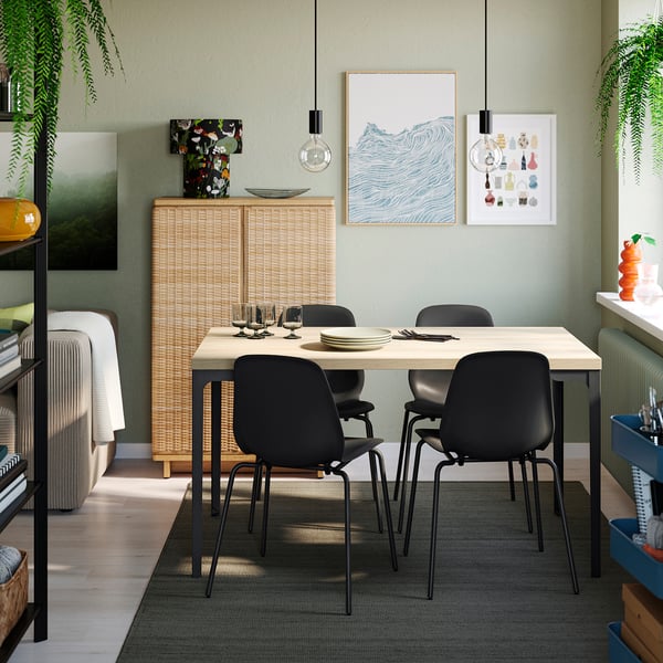 SKÅLSTA Table and 4 chairs, oak effect straight black-grey/plastic black tubular metal/black-grey, 140x80 cm