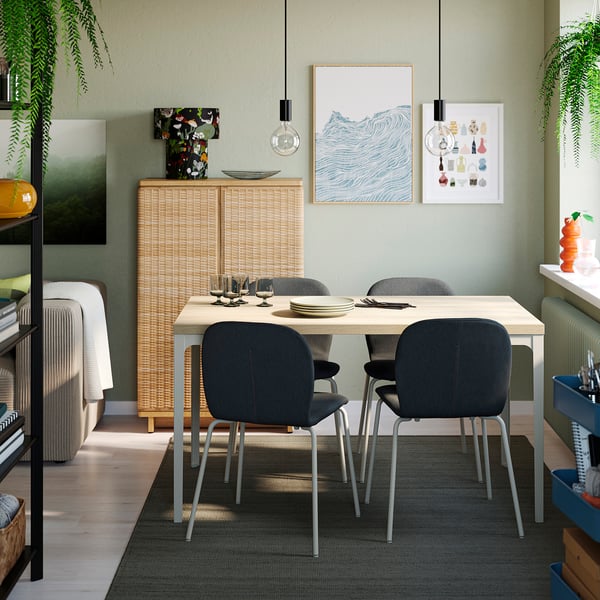 SKÅLSTA Table and 4 chairs, oak effect straight light grey-beige/Knäbäck dark grey tubular metal/light grey-beige, 140x80 cm