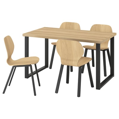SKÅLSTA Table and 4 chairs, oak effect U-shaped black-grey/oak veneer profiled metal/black-grey, 140x80 cm