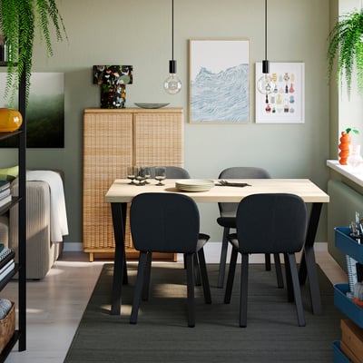 SKÅLSTA Table and 4 chairs, oak effect X-shaped black-grey/Knäbäck dark grey profiled metal/black-grey, 140x80 cm