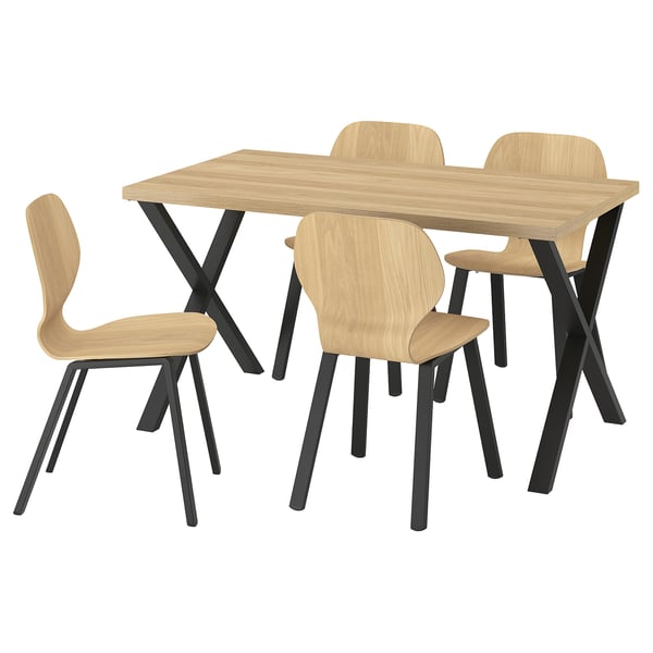 SKÅLSTA Table and 4 chairs, oak effect X-shaped black-grey/oak veneer profiled metal/black-grey, 140x80 cm