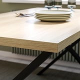 SKÅLSTA Table and 4 chairs, oak effect X-shaped black-grey/oak veneer profiled metal/black-grey, 140x80 cm