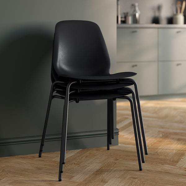 SKÅLSTA Table and 4 chairs, walnut effect hairpin black-grey/plastic black tubular metal/black-grey, 140x80 cm