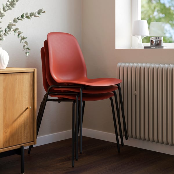 SKÅLSTA Table and 4 chairs, walnut effect straight black-grey/plastic red tubular metal/black-grey, 140x80 cm