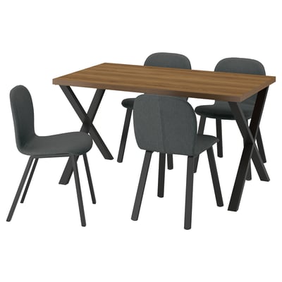 SKÅLSTA Table and 4 chairs, walnut effect X-shaped black-grey/Knäbäck dark grey profiled metal/black-grey, 140x80 cm