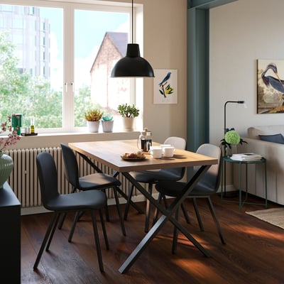 SKÅLSTA Table and 4 chairs, walnut effect X-shaped black-grey/Knäbäck dark grey profiled metal/black-grey, 140x80 cm