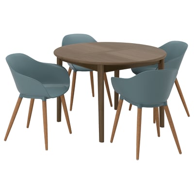 SKANSNÄS dining set, modern design with brown table & blue chairs, round, extending, wooden legs, comfortable curved seats.