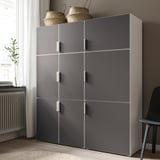 Modern grey wardrobe with six doors, storing clothes and protecting them from dust. Two woven baskets on top.