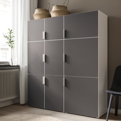 Grey IKEA platsa storage cabinet with six doors, minimalist design.
