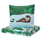 Colorful forest-themed kids bedding set: blue pillow with playful otter print, matching green-patterned blanket. Made from soft cotton and viscose.