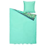 Teal green bedding set with mouse and mushroom design.