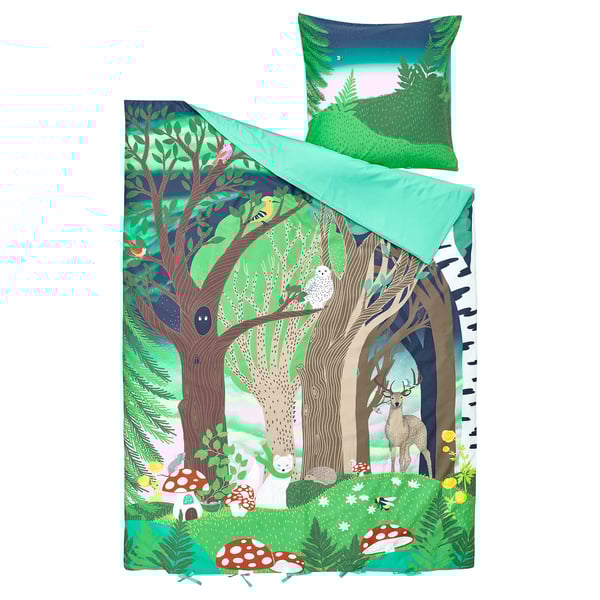 Forest-themed bedding set featuring woodland creatures, trees, and mushrooms in vibrant green tones; includes duvet cover and pillowcase.