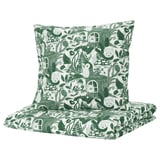 Forest-themed green and white duvet with woodland creatures and treehouses.