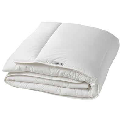 Folded white SKOGSFRÄKEN duvet, eco-friendly, soft & fluffy fill, breathable fabric, for warm sleep.