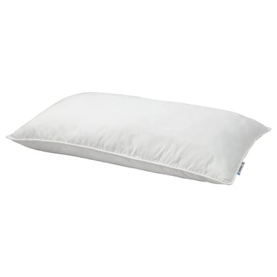 White SKOGSFRÄKEN pillow; rectangular, soft with smooth fabric, designed for stomach sleepers.